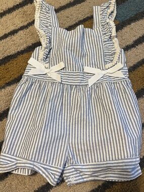 Rare Editions Blue and White Striped Girls' Overalls with White Bows